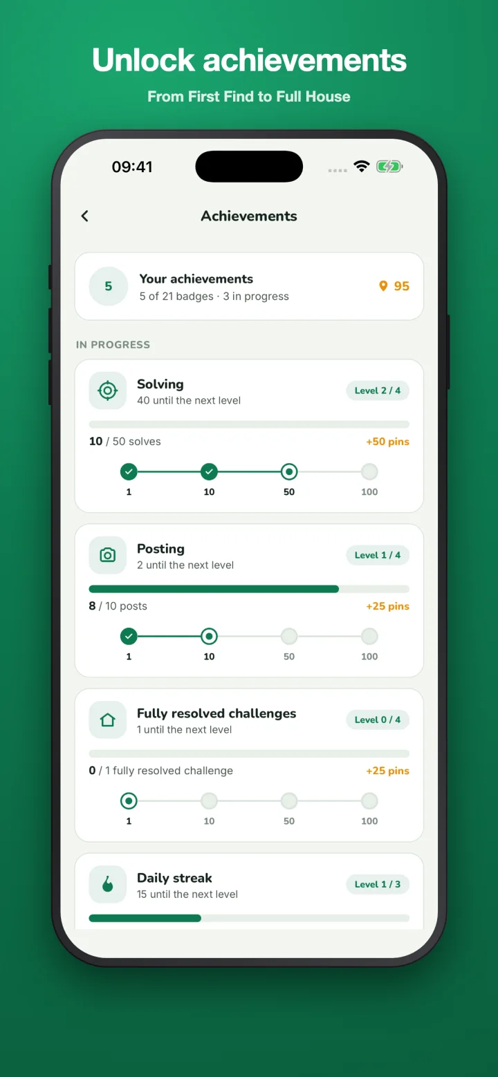 Pindela achievements screen showing streak tracks and season ladders