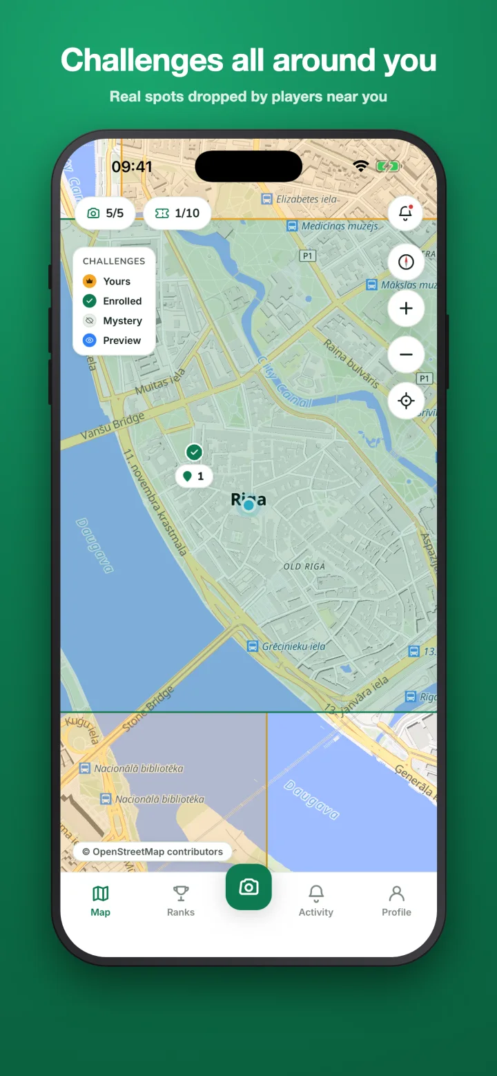 Pindela map screen showing nearby challenges
