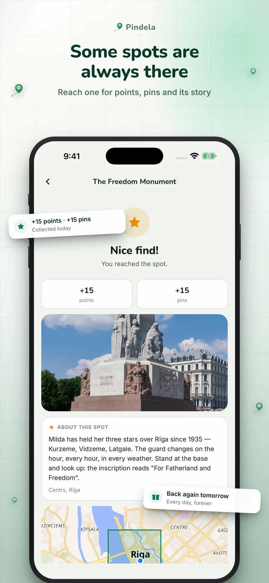 Pindela starred spot: The Freedom Monument, awarding points and pins with its story